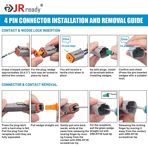 JRready ST6327-402 Deutsch DT Connector 4 Pin 8 Sets, Size 16 Stamped Contacts 14-18AWG, Waterproof Sealed Connectors for Lights, Fans, Pumps, Trucks, Off-Road, Marine, Motorcycle - size: 4-Pin (8 Pairs)