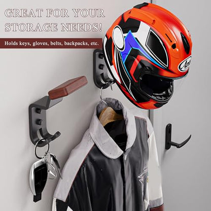 Helmet Holder Wall Mount, Motorcycle Helmet Holder Headgear Rack with Double Hooks, Solid Wood & Strong Steel Helmet Display Hanger Hooks for Football Helmet Jacket Coats