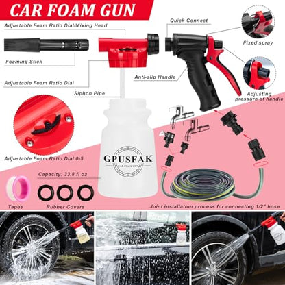 26Pcs Car Wash Cleaning Kit with Foam Gun Sprayer Detailing Brushes Window Water Scraper Tire Brush Towels Complete Interior Exterior Detailing Set for Car - size: 26Pcs