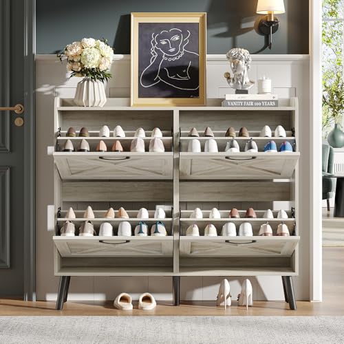 Maupvit Large Shoe Storage Cabinet with 4 Flip Drawers, Narrow Shoe Cabinet for Entryway with Wooden Legs, Freestanding Hidden Shoe Rack Organizer ＆ Metal Hinges, Beige - color: Beige, style: 4-Drawers