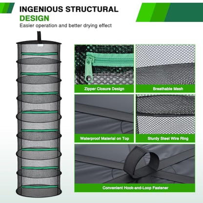 Yesker 8 Layer Herb Drying Rack Hanging Mesh Net Foldable Plant Drying Racks 24" w Green Zipper Pruning Shears Hook Dryer Hanging Rack for Herbs Seed Bud Fruit Clothes Grow Tent Closets Garden Outdoor - size: 8 Layers Green & Black