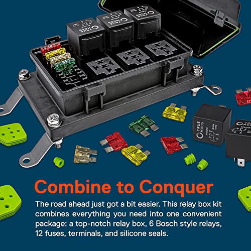 True Mods 12V DC Auto Waterproof Fuse 5-Pin Relay Box Block [6 ATC/ATO Fusible Holder] 6 Bosch Style Universal Relay Block Holder for Automotive Vehicles Cars Marine Boat Offroad Jeep Light Equipment - style: Fuse/Relay Kit