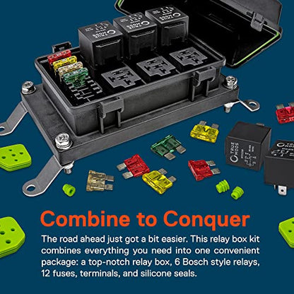 True Mods 12V DC Auto Waterproof Fuse 5-Pin Relay Box Block [6 ATC/ATO Fusible Holder] 6 Bosch Style Universal Relay Block Holder for Automotive Vehicles Cars Marine Boat Offroad Jeep Light Equipment - style: Fuse/Relay Kit