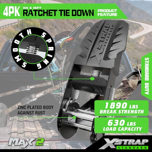 XSTRAP STANDARD 4-Pack Ratchet tie-Down Straps (1" x 15 ft) Feature Integrated Soft Loops, Padded Handles, Coated S-Hooks with Safety Clips, 1890 lbs Break Strength for Motorcycles, Trucks(Camouflage) - size: Camouflage-1890 lbs