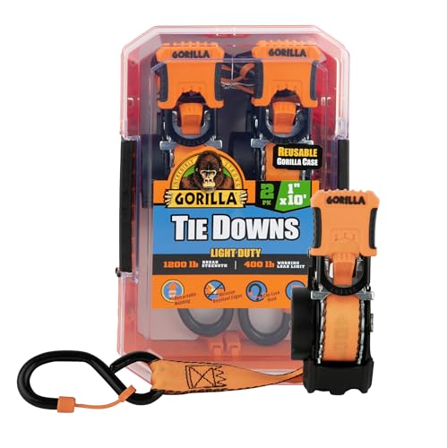 Gorilla Ratchet Tie Down Straps (2Pack) 1in x 10ft 1200lb Break Strength, Self-Locking Retractable, Heavy-Duty Orange Webbing, Gorilla-Grip Handles, Cap Locks, E-Coated Ratchets, Vinyl Hooks for Cargo - style: 1in x 10ft - 1,200lb Break (Pack of 2)