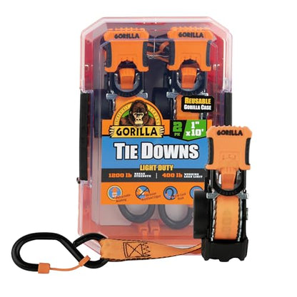 Gorilla Ratchet Tie Down Straps (2Pack) 1in x 10ft 1200lb Break Strength, Self-Locking Retractable, Heavy-Duty Orange Webbing, Gorilla-Grip Handles, Cap Locks, E-Coated Ratchets, Vinyl Hooks for Cargo - style: 1in x 10ft - 1,200lb Break (Pack of 2)