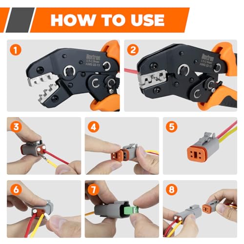 218PCS 12 Kits DT Deutsch Connector Kit with Ratcheting Wire Crimper, 2/3/4/6/8/12 Pin IP68 Waterproof Automotive Electrical Connectors, Size 16 Stamped Contacts for Car Truck Boat Motorcycle