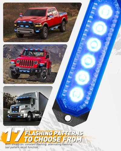 HLauto 406T Emergency Strobe Grille Lights: 4Pcs 6 LED Sync Feature Safety Warning Flashing Light, 12V-24V Ultra Slim Surface Mount Hazard Caution Light for Truck, Vehicle, Car, ATV, UTV (Blue) - color: Blue