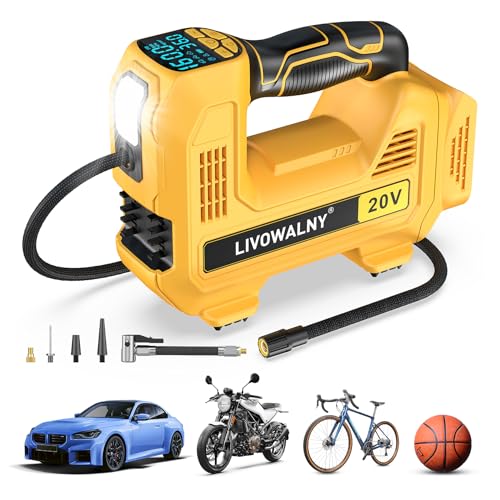 Cordless Tire Inflator Portable Air Compressor Tire Air Pump Compatible With Dewalt 20V Battery - LIVOWALNY 160PSI Auto Pump with Digital Pressure Gauge for Car Tires, Bicycle, Balloons (Tool Only) - color: Yellow