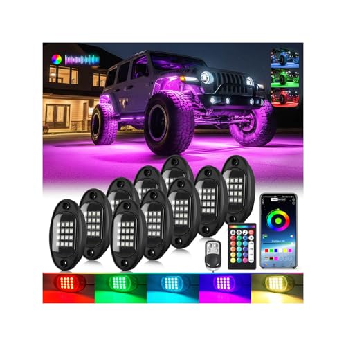 10Pods RGB LED Rock Lights for Jeep Trucks Golf Cart ATV UTV RZR SUV Offroad,Multicolor Underglow Light Kit with APP/RF Remote Dual Zone Neon Vehicle Accent Underbody Light 12V Waterproof - size: 10Pods