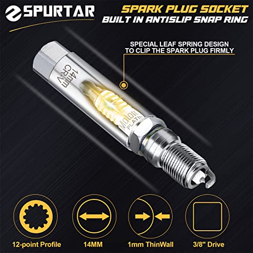 Spurtar 14mm Spark Plug Socket 12-Point Thin Wall 3/8" Drive Spring Clips Spark Plug Removal Tool Compatible with BMW, Mercedes, Nissan, Motorcycle, Car, SUV CRV Steel Wrench - size: 14mm Spring Clip