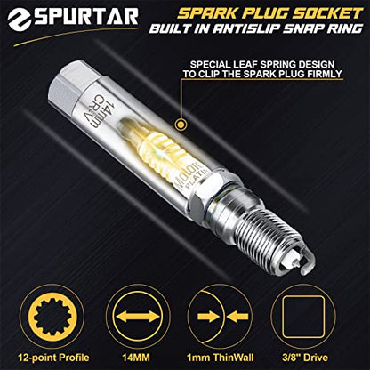 Spurtar 14mm Spark Plug Socket 12-Point Thin Wall 3/8" Drive Spring Clips Spark Plug Removal Tool Compatible with BMW, Mercedes, Nissan, Motorcycle, Car, SUV CRV Steel Wrench - size: 14mm Spring Clip