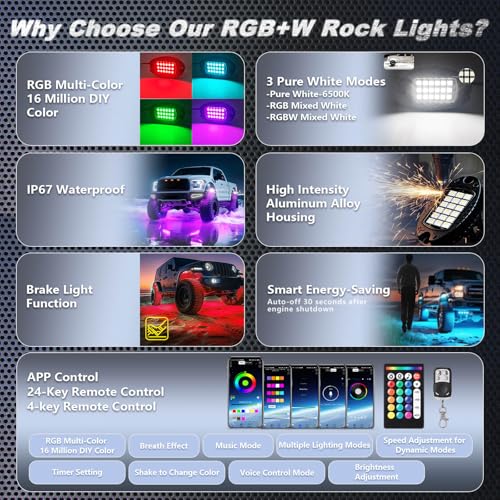 4Pods Heavy Duty Aluminum RGBW LED Rock Lights Kit for ATV UTV 4 Wheeler Can-Am SXS RZR Side by Side Offroad Vehicle, APP & RF Remote, Plug&Play Pre-Wired, IP67 Waterproof 12V Underglow Accent Light - color: RGBW 18LEDs, size: 4Pods
