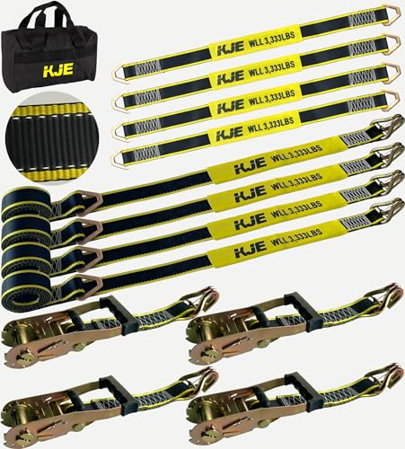 KJE Heavy Duty Car Trailer Tie Down Straps with Reflective - (4) 2" x 10' Ratchet Straps + J-Hooks with Clip, (4) Axle Straps 2" x 36'' - 10,000lbs Break Strength - Use for Car, Truck, UTV Transport