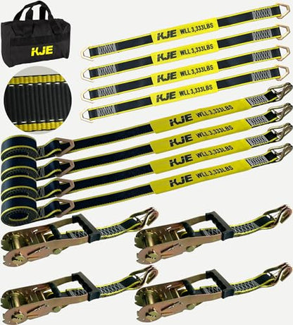 KJE Heavy Duty Car Trailer Tie Down Straps with Reflective - (4) 2" x 10' Ratchet Straps + J-Hooks with Clip, (4) Axle Straps 2" x 36'' - 10,000lbs Break Strength - Use for Car, Truck, UTV Transport