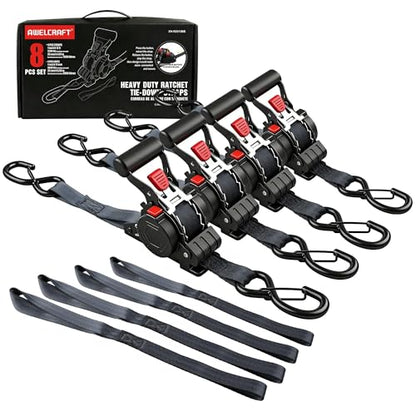 AWELCRAFT Retractable Ratchet Straps 4 Pack,Heavy Duty 1In x 12 Feet 1500lb Break Strength,Auto Self Retracting Tie Down,S-Hook with Safety Clips for Trucks,Cargo,ATV,Motorcycle