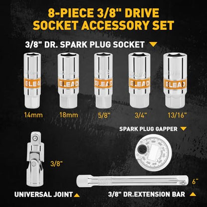 ELEAD 8-Piece 3/8" Drive Spark Plug Socket Set with Universal Joint, Spark Plug Gapper and 6" Extension Bar, SAE & Metric, 5/8", 3/4", 13/16", 14mm, 18mm, CR-V Sockets with Rubber Holding Rings - size: 8-Piece Spark Plug
