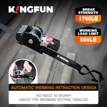 Kingfun Retractable Ratchet Straps (4-Pack) - 1 Inch x 10 Feet Auto Self Retracting Tie Down Straps - 1,760lb Break Strength Heavy Duty Cargo Straps for Motorcycle, ATV, UTV, Trailer & More - Black - color: Black