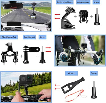 HONGDAK Action Camera Accessories Kit for GoPro Hero 13 12 11 10 9 Black, Waterproof Housing+Silicone Case+ Adjustable Arm+Head Chest Wrist Strap+Bike Mount+Suction Cup+Floating Grip Bundle Set 63in1 - color: 63 in 1