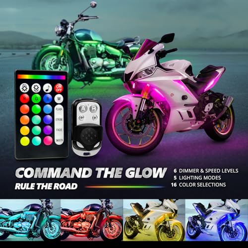 OPT7 12pcs Motorcycle LED Strip Lights with App & Remote Control, RGB Multicolor & Sound Sync Neon Accent Bike Underglow Lighting Kit, 12V Switch for Harley Honda Yamaha Kawasaki