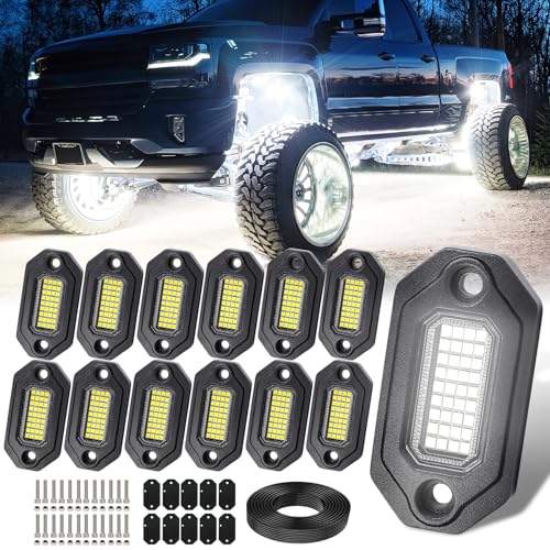 12 Pods Aluminium Pure White LED Rock Lights, 6500K Super Bright Neon Underglow Lights, IP68 Waterproof for Trucks SUV UTV ATV RZR Car Boats Motorcycle with 15ft Extension Wire - size: 12 Pods