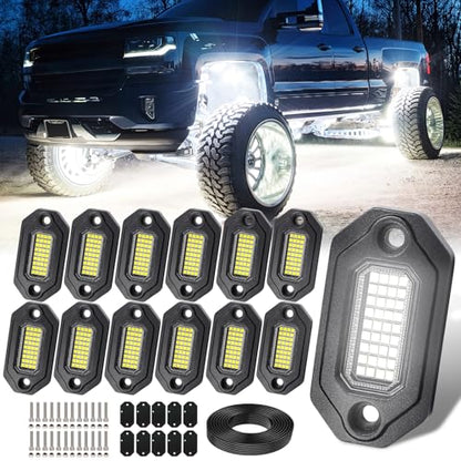 12 Pods Aluminium Pure White LED Rock Lights, 6500K Super Bright Neon Underglow Lights, IP68 Waterproof for Trucks SUV UTV ATV RZR Car Boats Motorcycle with 15ft Extension Wire - size: 12 Pods