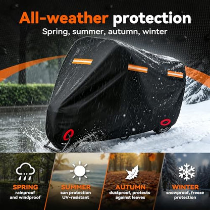 Motorcycle Cover Waterproof PE Aluminum Film Soft Cotton Lining, All-Season Outdoor Protection with Anti-Theft Lock Holes, Windproof Buckle, 5 Reflective Strips, Fits Motorcycles up to 116" - size: 116" x 41" x 50"