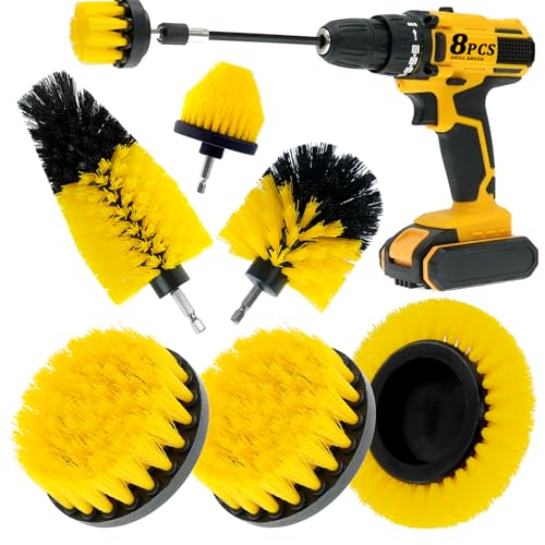 8 Pcs Drill Brush Attachment Set, Power Cleaning Scrub Brush Kit with Extend Long Attachment, All Purpose Drill Scrub Brushes for Car, Grout, Floor, Tub, Bathroom and Kitchen (Yellow) - color: Yellow