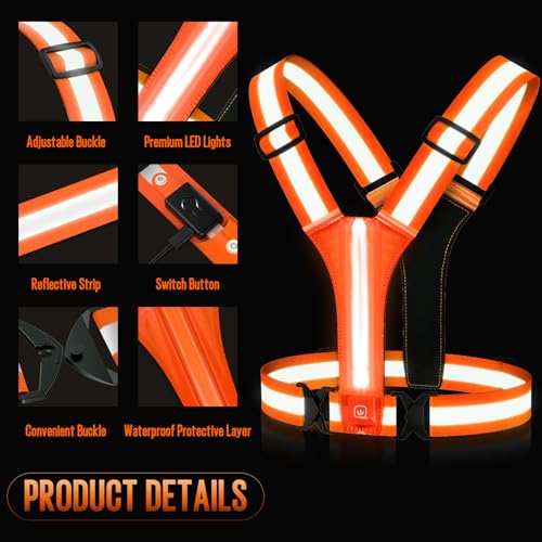 LED Rechargeable Reflective Vest with 11hrs Runtime, Light Up Safety Gear for Night Running Walking Cycling, USB Rechargeable - color: Orange