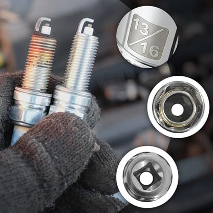 13/16'' Spark Plug Socket Set Thin Wall 12 Point 3/8" Drive Magnetic Spark Plug Removal Tool Compatible with Many European and Japanese Vehicles Universal Joint Swivel Socket (13/16inch 6-Point)