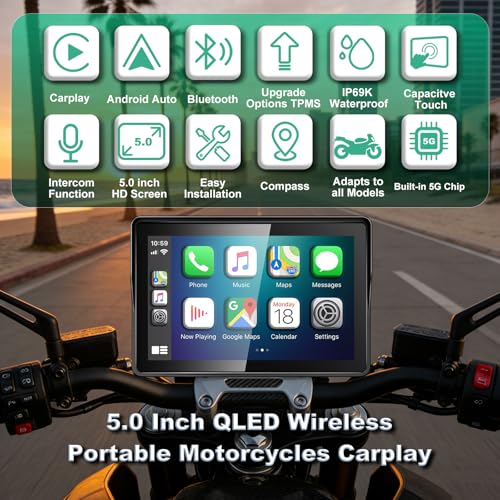 2026 YZW GPS Carplay 5 inch for Motorcycle with Wireless CarPlay & Android Auto, IP69K Waterproof Touch Screen, GPS Navigation, Supports Bluetooth, Siri/Google Voice Control, Custom Boot Logo, Bracket - size: 5 Inch Screen+Mounting Bracket