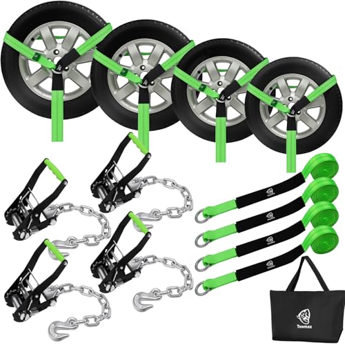 4 Pack Car Tie Down Straps for Trailers - 2" x 8' Heavy Duty Tire Straps with Chain Anchors - 10,000lbs Break Strength, Adjustable Lasso Style Wheel Straps for Hauling Cars, Truck, UTV(Green) - style: Chain Anchors