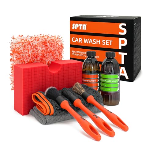SPTA Car Wash Kit, Clean & Car Wash Kit (9 Items, Including 2-16oz. Car Wash Shampoo, 1Pc Microfiber Mitts,1Pc Red Car Wash Sponge, 2Pcs 16"x16" Microfiber Detail Towels and 3Pcs Car Detail Brush