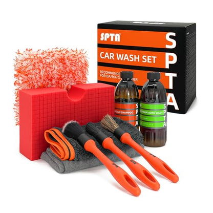 SPTA Car Wash Kit, Clean & Car Wash Kit (9 Items, Including 2-16oz. Car Wash Shampoo, 1Pc Microfiber Mitts,1Pc Red Car Wash Sponge, 2Pcs 16"x16" Microfiber Detail Towels and 3Pcs Car Detail Brush