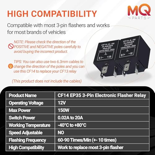3-Pin CF-14 CF14 EP35 12V LED Electronic Flasher Relay Fixes Motorcycle Car Turn Signal Light Bulb and Hazard Warn Hyper Blink Flash or No Flashing - Premium CF14JL-02 Part by MQparts