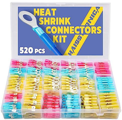 haisstronica 520PCS Marine Grade Heat Shrink Wire Connectors-Electrical Connectors Kit of Tinned Red Copper,16-14 22-16 12-10 Gauge Crimp Insulated Ring Fork Spade Butt Splices(3Colors/24Size) - style: 520PCS AWG 22-10