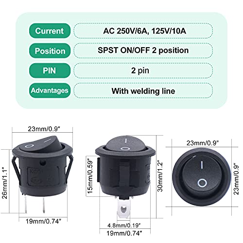 Twidec/10Pcs 12V Round Rocker Switch AC 6A/250V 10A/125V SPST 2 Pin 2 Position On/Off Toggle Switch for Car Boat Automotive RV Black with Pre-soldered Wires KCD1-X-Y - color: Black-Round-ON OFF(O I)-10PCS