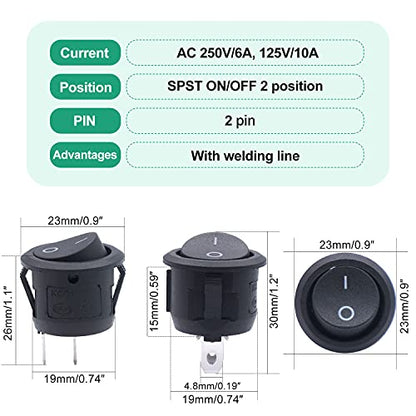 Twidec/10Pcs 12V Round Rocker Switch AC 6A/250V 10A/125V SPST 2 Pin 2 Position On/Off Toggle Switch for Car Boat Automotive RV Black with Pre-soldered Wires KCD1-X-Y - color: Black-Round-ON OFF(O I)-10PCS