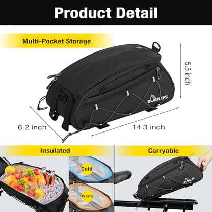 Bike Rear Rack Insulated Trunk Bag - 10L Large Capacity Waterproof Bicycle Travel Expedition Back Rack Seat Cargo Carrier Bag for Bicycle, E-Bike and Motorcycle