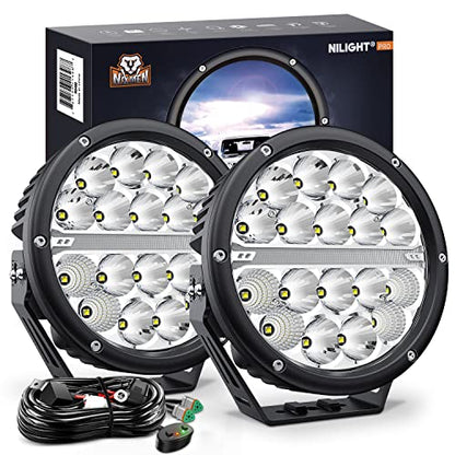 Nilight 7 Inch Round LED Offroad Driving Lights with DRL 2 PCS 90W 9850LM IP68 Spot Flood Combo Work Light w/ 12AWG DT Connector Wiring Harness Kit for 4x4 Truck ATV UTV SUV - color: 2Pcs 90w 7Inch white DRL Light Kit