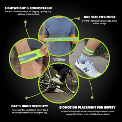 ReflecToes Reflective Bands High Visibility Hi-Vis Straps for Running, Cycling & Walking, Adjustable 5-16" Reflective Gear for Arm, Ankle, Wrist or Leg - 360° Night Safety Reflector