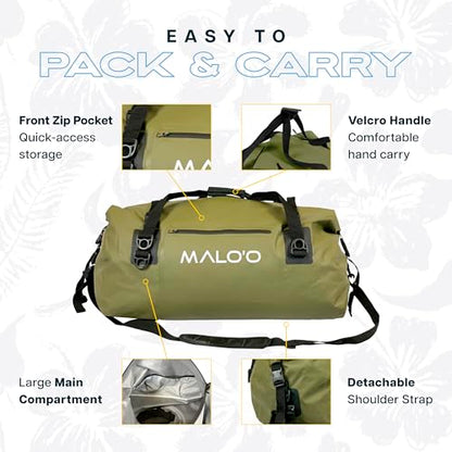 Malo’o Waterproof Dry Duffel, Heavy-Duty Roll Top Waterproof Gear Bag with Shoulder Strap & Molle Loops, Marine Duffel for Kayaking, Boating, Camping, Beach & Travel, Dark Green, 60L - color: Dark Green, size: 60L