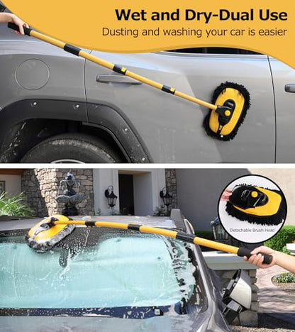 anngrowy 56.7" Car Wash Brush Mop Kit Mitt Sponge with Long Handle Car Cleaning Supplies Kit Tools Car Washing Duster Exterior Scratch Free, Chenille Replacement Head Extension Pole - color: Black