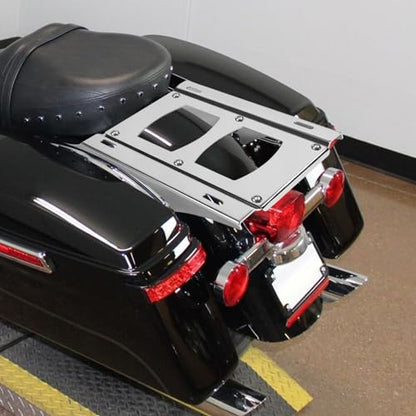 TCT-MOTORPARTS Gloss Black Chopped Tour Luggage Trunk w/Backrest & Mount Rack Fit for Harley Touring 2014-2025 Harley Touring CVO Road Street Special Electra Glide Road King - color: Vivid Black Chopped Trunk+Chrome Rack