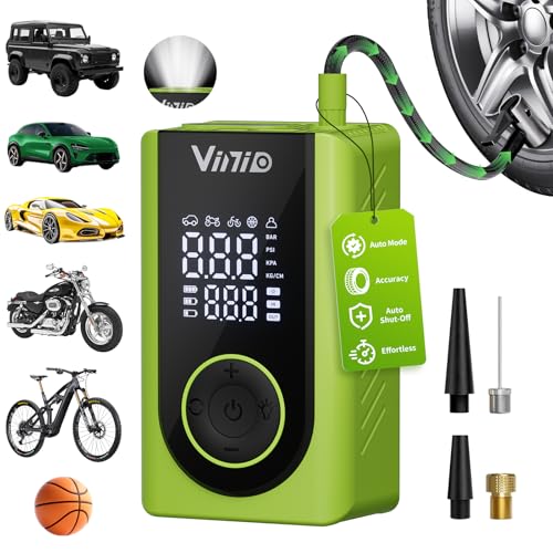 Vinid Tire Inflator Portable Air Compressor Cordless, LED Digital Display & Auto Shut-Off, 5 Modes, 150 PSI Air Pump for Car, Balls, Bike, Motorcycle, with Pressure Gauge & Accessories Included, Green - color: Green