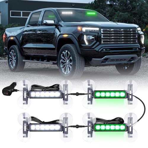 4X 6.1 inch Emergency Strobe Lights Green/White 24 LED Waterproof Hazard Warning Flashing Safety Dash Front/Rear/Side Windshield Lights for Volunteer Firefighter Vehicles POV Trucks - color: Green/White