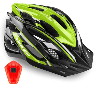 Bike Helmet Men Women, Shinmax Bicycle Helmet with Rear Light and Detachable Visor - color: Black/Green, size: Large (57-62 cm)
