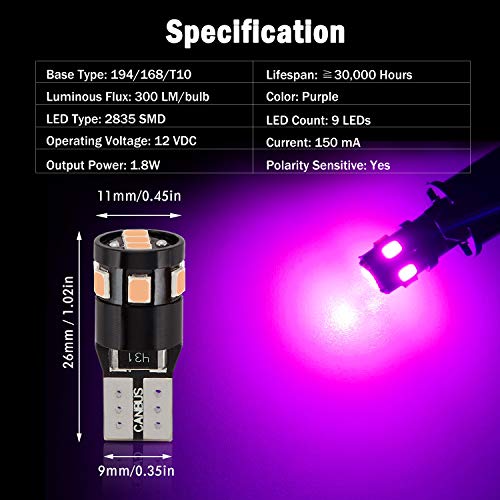 300LM Extremely Bright Canbus Error Free 194 168 2825 W5W T10 LED Bulbs Purple 9-SMD 2835 Chipsets for Dome Map Door Courtesy License Plate Lights(Pack of 4) - color: purple