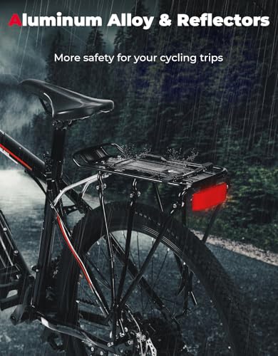 KEMIMOTO Bike Cargo Rack, Rear Bike Rack 24-27.5 in, Adjustable Length, Maximum Load 220lbs, Red Rear Reflective Light, Three-Bracket Design, Aluminum Alloy