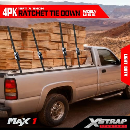 XSTRAP STANDARD Ratchet Tie Down Straps 4 Pk 10 Ft- 300 Lbs Load Cap- 900 Lbs Break Strength-Cargo Straps for UTV, ATV, Pickup,Truck, Moving Appliances, Lawn Equipment, Black - color: Black, size: 4pk 1inchx10ft